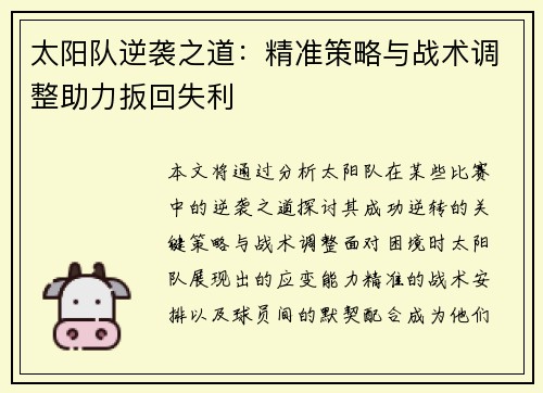 太阳队逆袭之道：精准策略与战术调整助力扳回失利