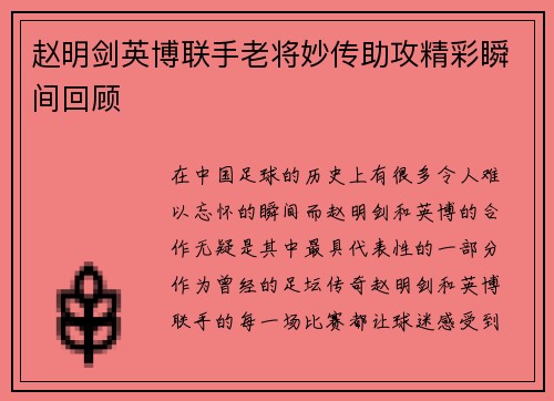 赵明剑英博联手老将妙传助攻精彩瞬间回顾