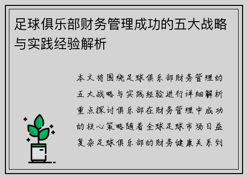 足球俱乐部财务管理成功的五大战略与实践经验解析