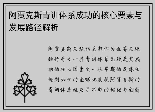 阿贾克斯青训体系成功的核心要素与发展路径解析