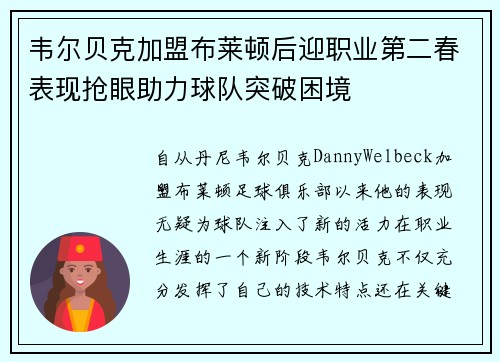 韦尔贝克加盟布莱顿后迎职业第二春表现抢眼助力球队突破困境