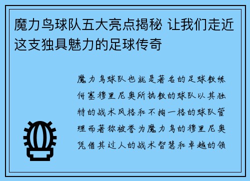 魔力鸟球队五大亮点揭秘 让我们走近这支独具魅力的足球传奇