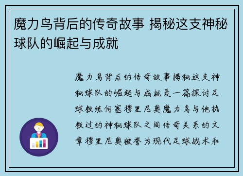 魔力鸟背后的传奇故事 揭秘这支神秘球队的崛起与成就 魔力鸟背后的传奇故事 揭秘这支神秘球队的崛起与成就